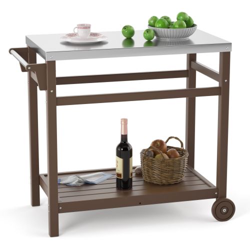 Outdoor Prep Cart Dining Table for Pizza Oven; Patio Grilling Backyard BBQ Grill Cart - Brown Outdoor Prep Cart Dining Table for Pizza Oven; Patio Grilling Backyard BBQ Grill Cart - Brown